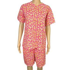 Vintage Originals Womens M Floral Pink Blouse Elastic Waist Shorts Outfit Set‎